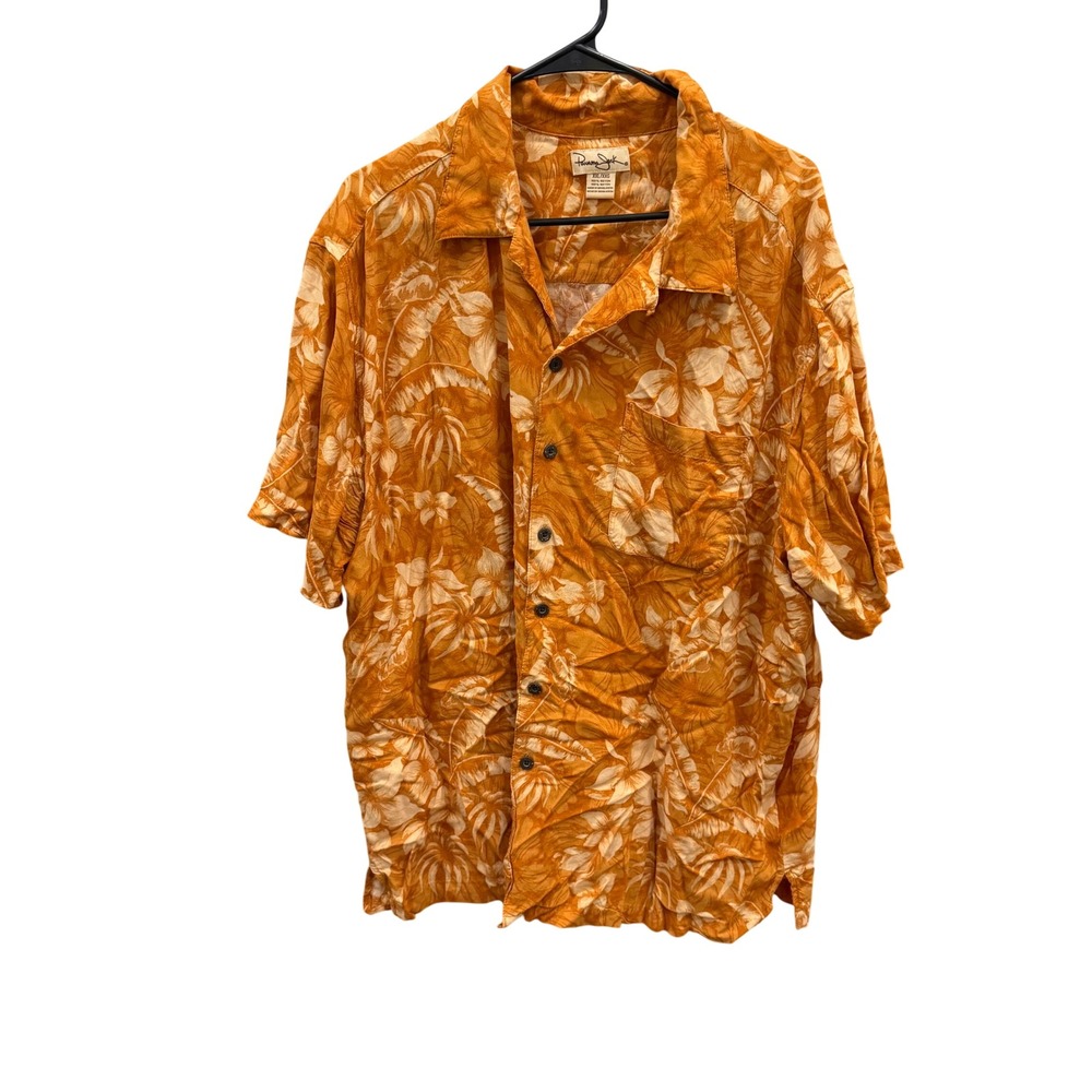 Panama Jack‎ Mens XXL Orange Tropical Floral Palm Print Rayon Shirt Short Slv